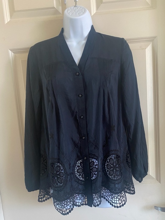 V  Christina Tops - V Christina Black Button Front With Lace Blouse